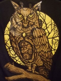 black t-shirt mechanical owl on the moon background