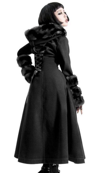 画像1: [再入荷]　ファー付きAラインロングコート Black gothic coat