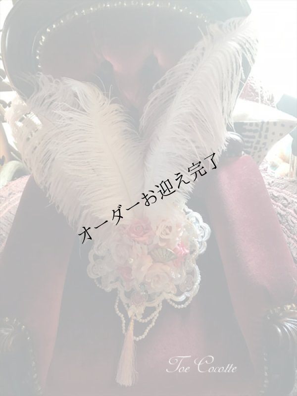 画像1: パールと薔薇にモーブピンクの羽のブライダルヘッドドレス (1)