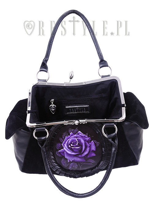 Gothic Black Velvet Romantic Rose Cameo Faux Leather Handbag
